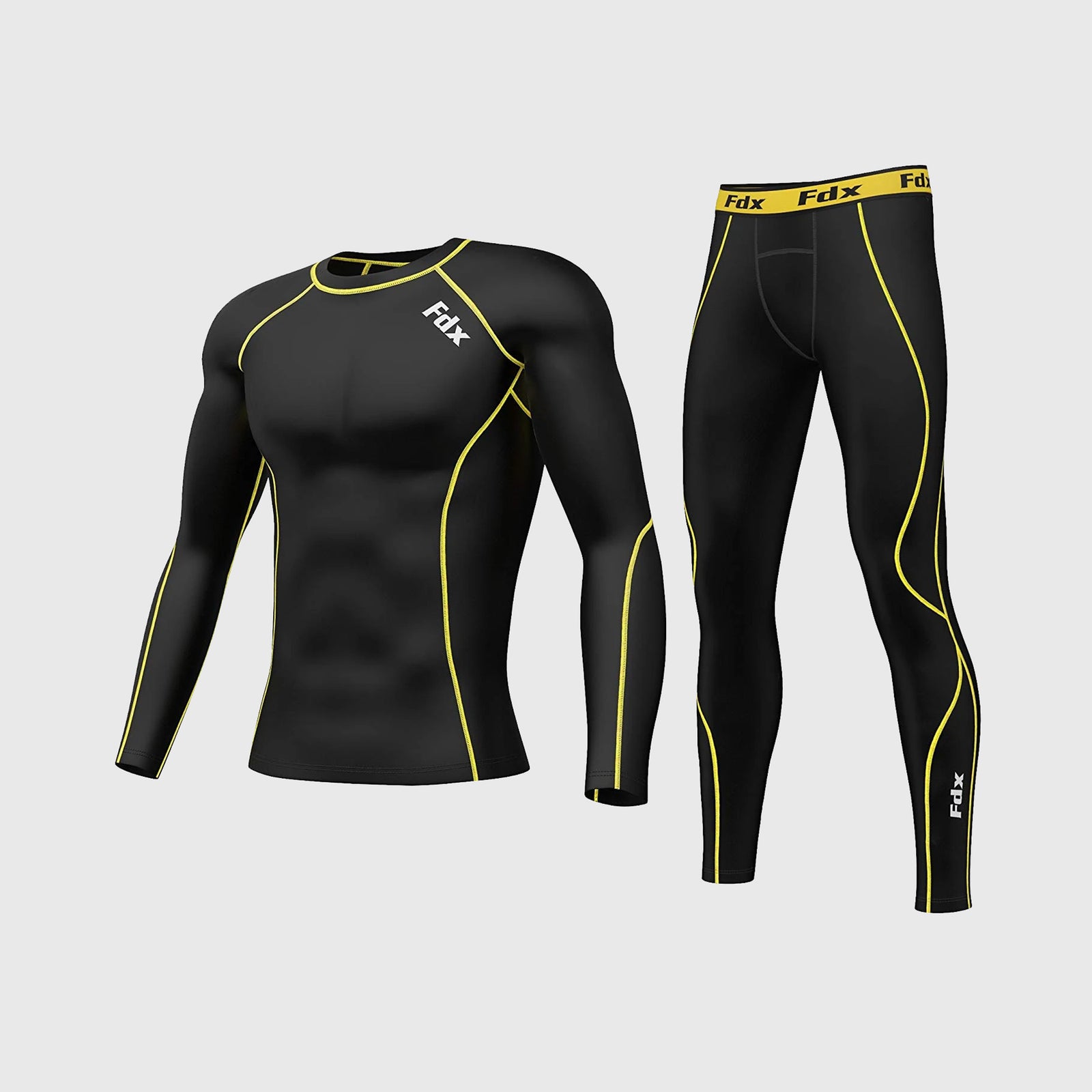 Fdx Mens Black & Yellow Long Sleeve Compression Top & Compression Tights Base Layer Gym Training Jogging Yoga Fitness Body Wear - Blitz