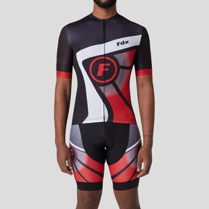 Fdx Mens Red & Black Half Sleeve Cycling Jersey & Gel Padded Bib Shorts Best Summer Road Bike Wear Light Weight, Hi-viz Reflectors & Pockets - Signature