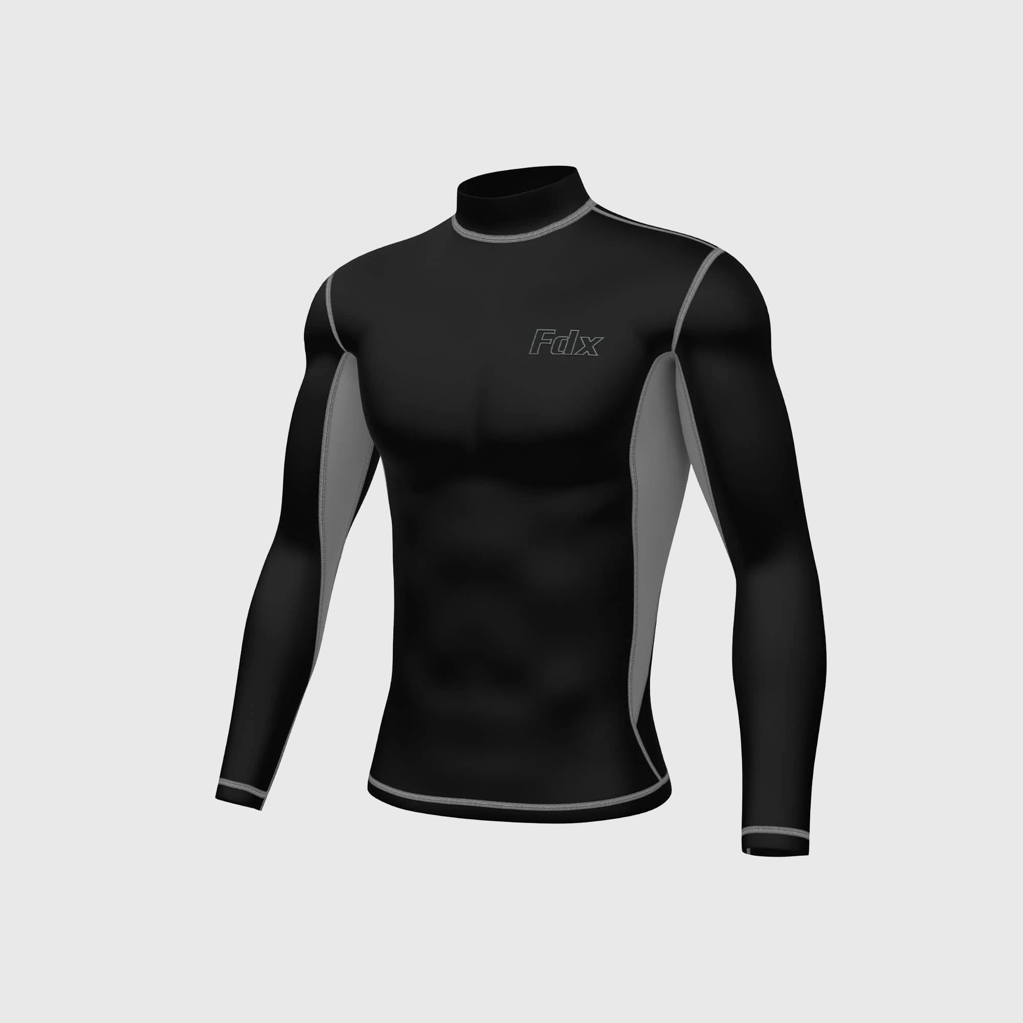 Fdx Mens Black & Grey Long Sleeve Compression Top Running Gym Workout Wear Rash Guard Stretchable Breathable - Inorex