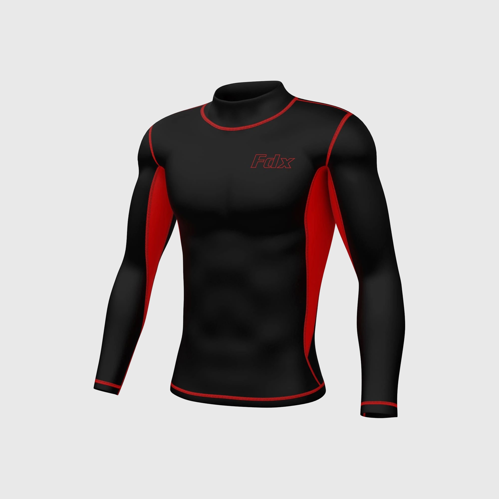 Fdx Mens Black & Red Long Sleeve Compression Top Running Gym Workout Wear Rash Guard Stretchable Breathable - Inorex
