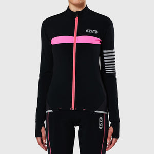 Fdx Womens Black & Pink Long Sleeve Cycling Jersey for Winter Roubaix Thermal Fleece Road Bike Wear Top Full Zipper, Pockets & Hi-viz Reflectors - All Day