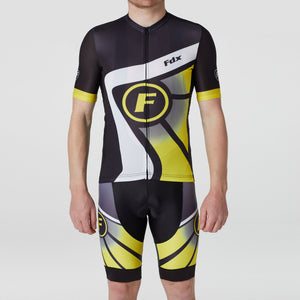 Fdx Mens Yellow & Black Half Sleeve Cycling Jersey & Gel Padded Bib Shorts Best Summer Road Bike Wear Light Weight, Hi-viz Reflectors & Pockets - Signature