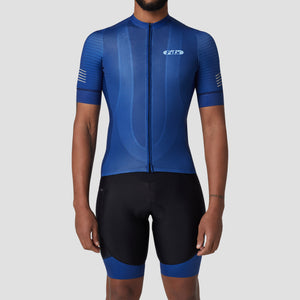 Fdx Mens Blue Half Sleeve Cycling Jersey & Gel Padded Bib Shorts Best Summer Road Bike Wear Light Weight, Hi-viz Reflectors & Pockets - Essential