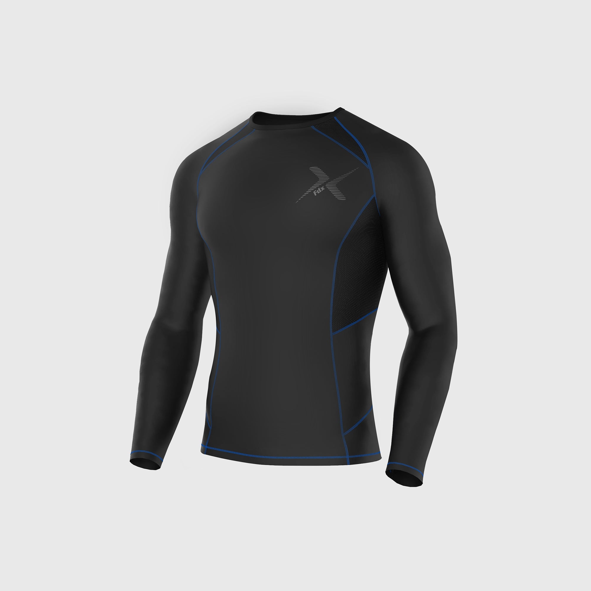 Fdx Mens Black & Blue Long Sleeve Compression Top Running Gym Workout Wear Rash Guard Stretchable Breathable - Recoil