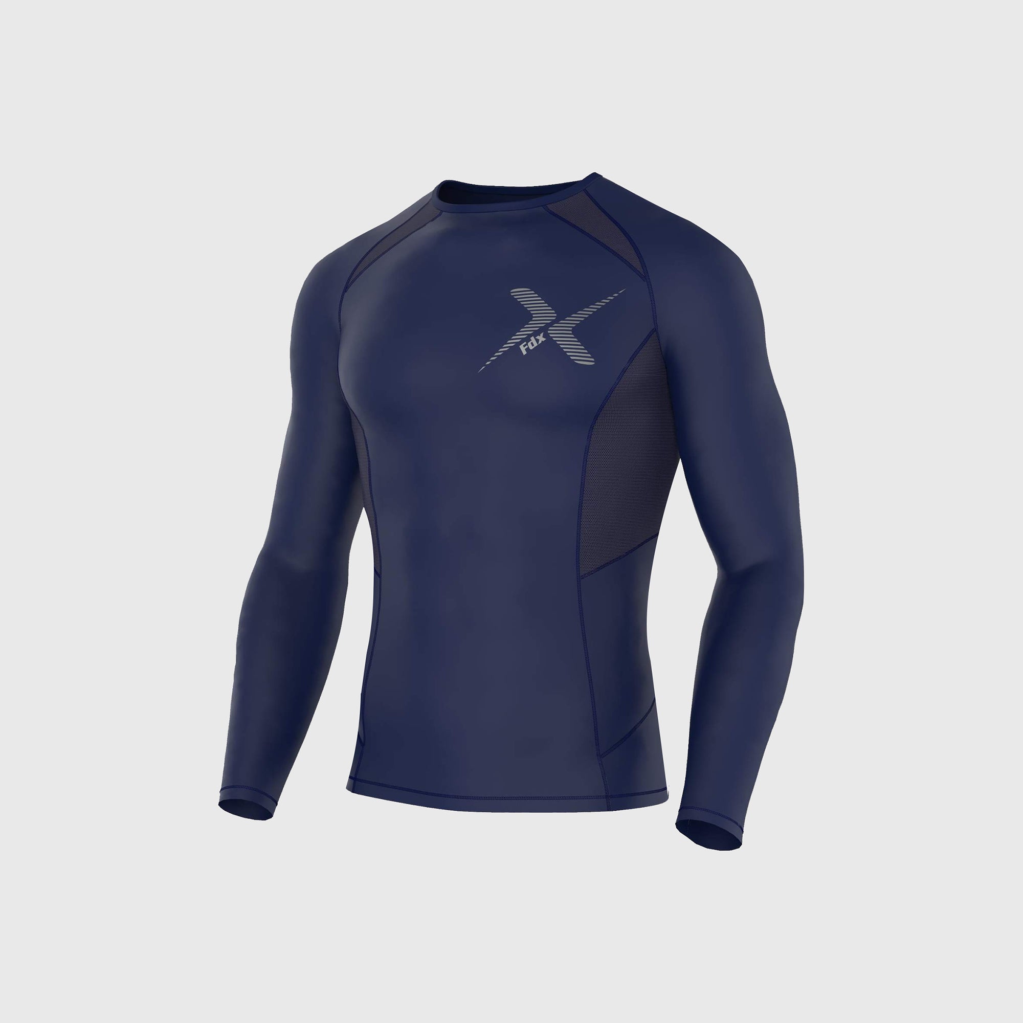 Fdx Mens Navy Blue Long Sleeve Compression Top Running Gym Workout Wear Rash Guard Stretchable Breathable - Recoil
