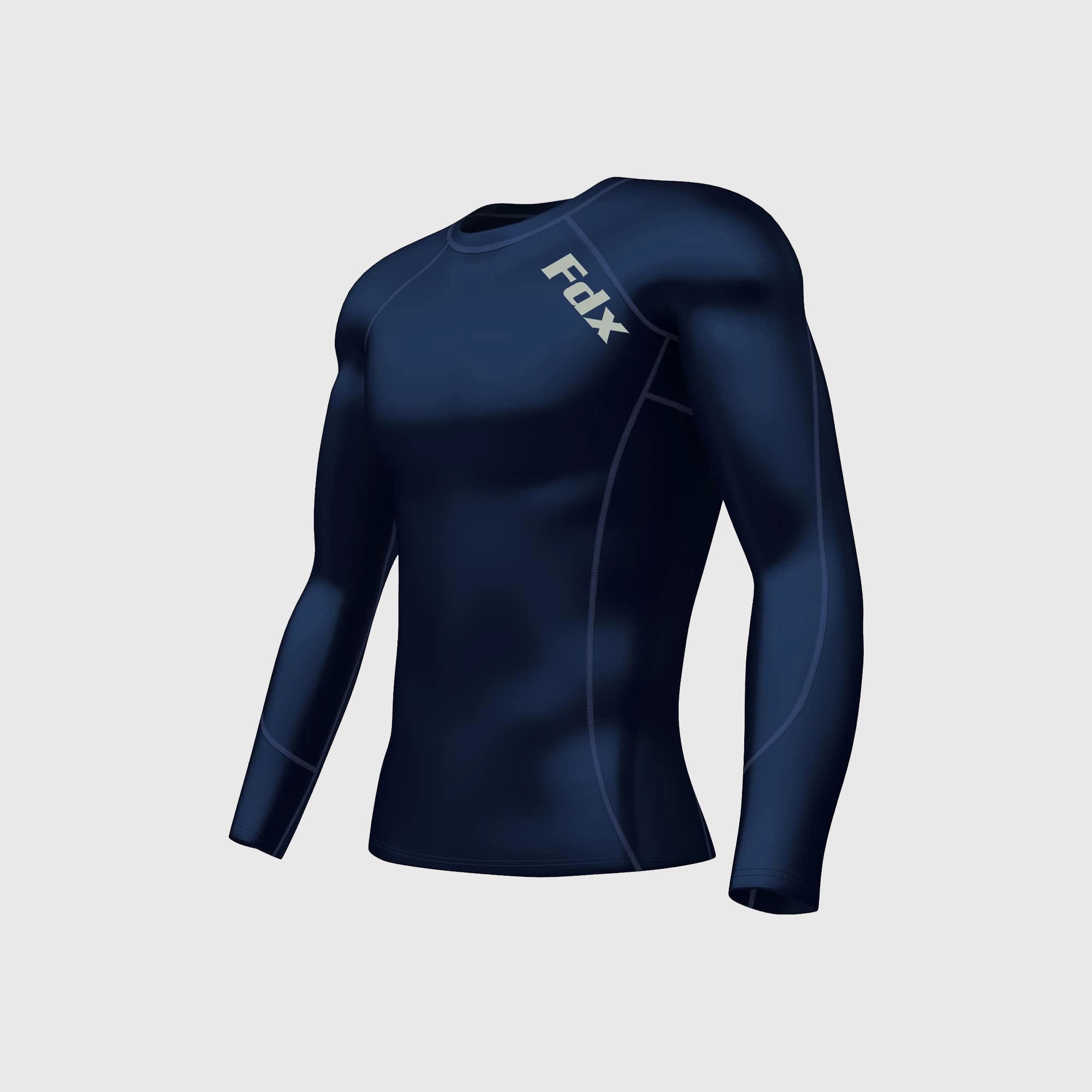 Fdx Mens Navy Blue Long Sleeve Compression Top Running Gym Workout Wear Rash Guard Stretchable Breathable - Thermolinx