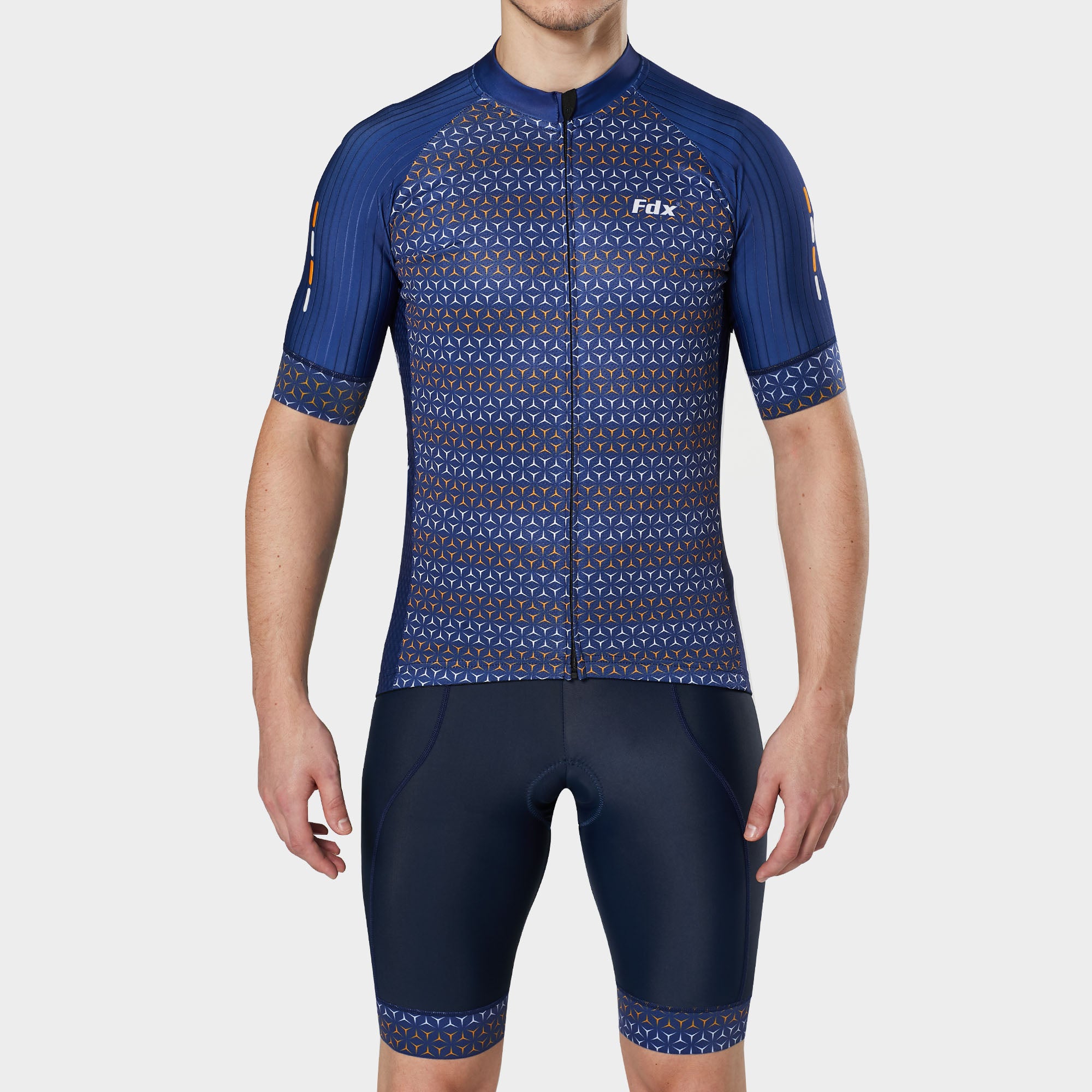 Fdx Mens Blue Short Sleeve Cycling Jersey & Gel Padded Bib Shorts Best Summer Road Bike Wear Light Weight, Hi-viz Reflectors & Pockets - Vega