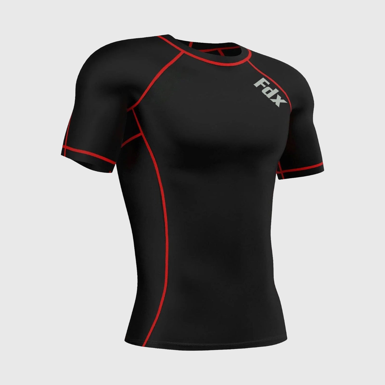 Fdx Mens Black & Red Short Sleeve Compression Top Running Gym Workout Wear Rash Guard Stretchable Breathable - Cosmic