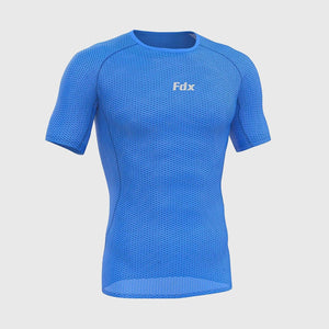 Fdx Mens Blue Short Sleeve Mesh Compression Top Running Gym Workout Wear Rash Guard Stretchable Breathable - Aeroform