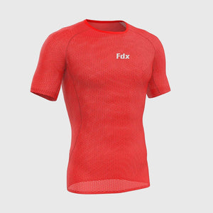 Fdx Mens Red Short Sleeve Mesh Compression Top Running Gym Workout Wear Rash Guard Stretchable Breathable - Aeroform