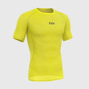 Fdx Mens Yellow Short Sleeve Mesh Compression Top Running Gym Workout Wear Rash Guard Stretchable Breathable - Aeroform