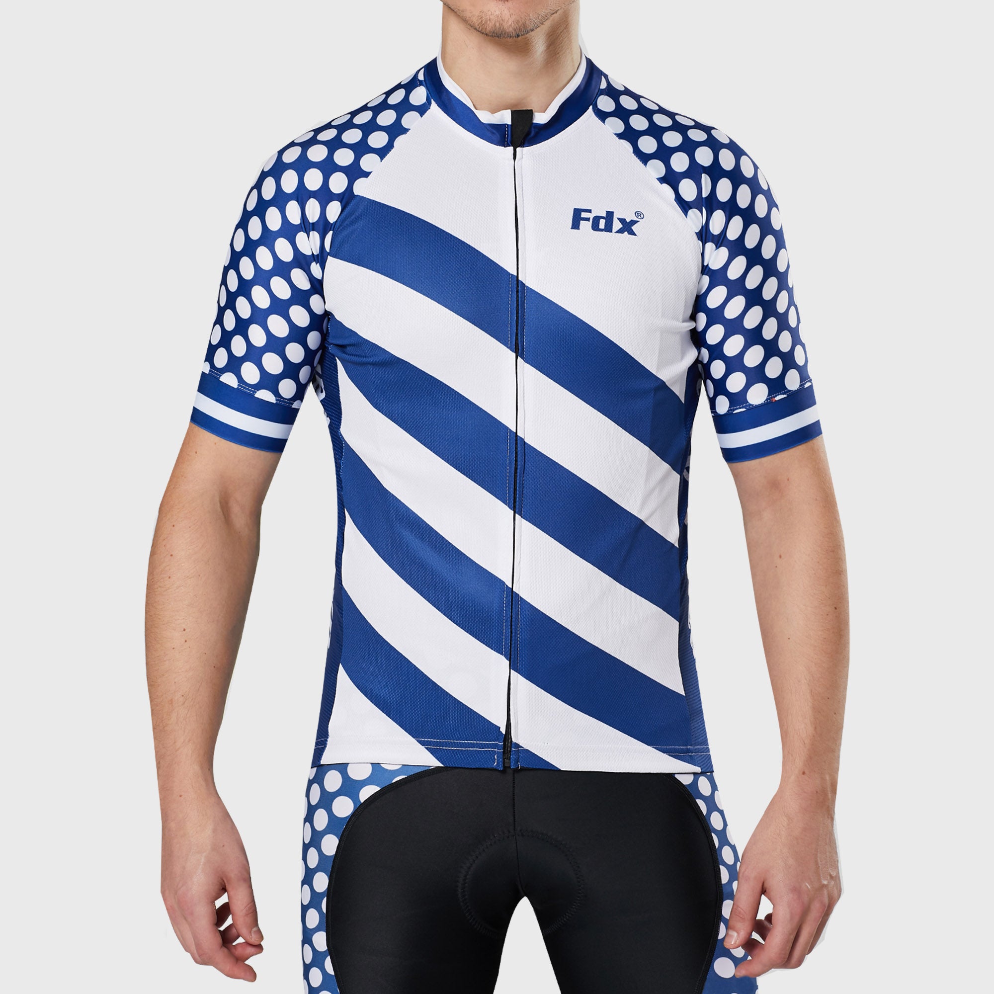 Fdx Mens Blue & White Short Sleeve Cycling Jersey for Summer Best Road Bike Wear Top Light Weight, Full Zipper, Pockets & Hi-viz Reflectors - Equin