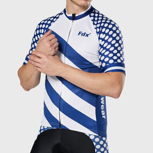 Fdx Short Sleeve Cycling Jersey for Mens Blue & White Summer Best Road Bike Wear Top Light Weight, Full Zipper, Pockets & Hi-viz Reflectors - Equin