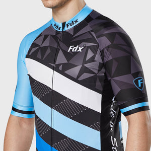 Fdx Mens Summer Cycling Jersey Short Sleeve Blue & Black Best Road Bike Wear Top Light Weight, Full Zipper, Pockets & Hi-viz Reflectors - Equin