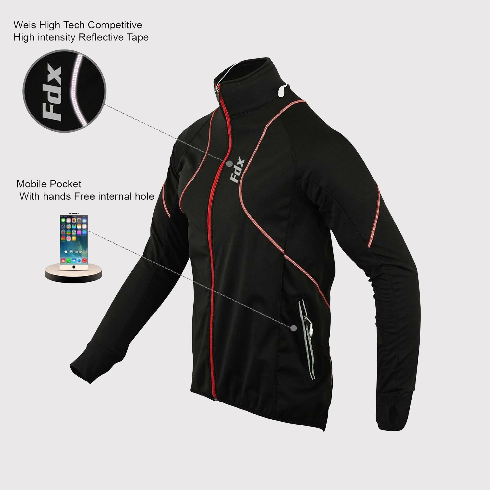 Fdx Mens Black & Red Cycling Jacket for Winter Thermal Casual Softshell Clothing Lightweight, Windproof, Waterproof & Pockets - Gustt