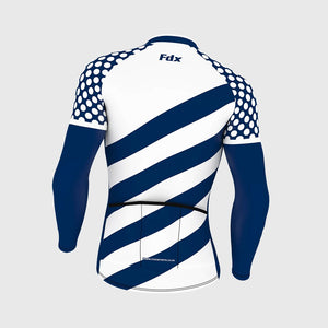 Fdx Mens Thermal Blue & White Long Sleeve Cycling Jersey for Winter Roubaix Warm Fleece Road Bike Wear Top Full Zipper, Pockets & Hi-viz Reflectors - Equin