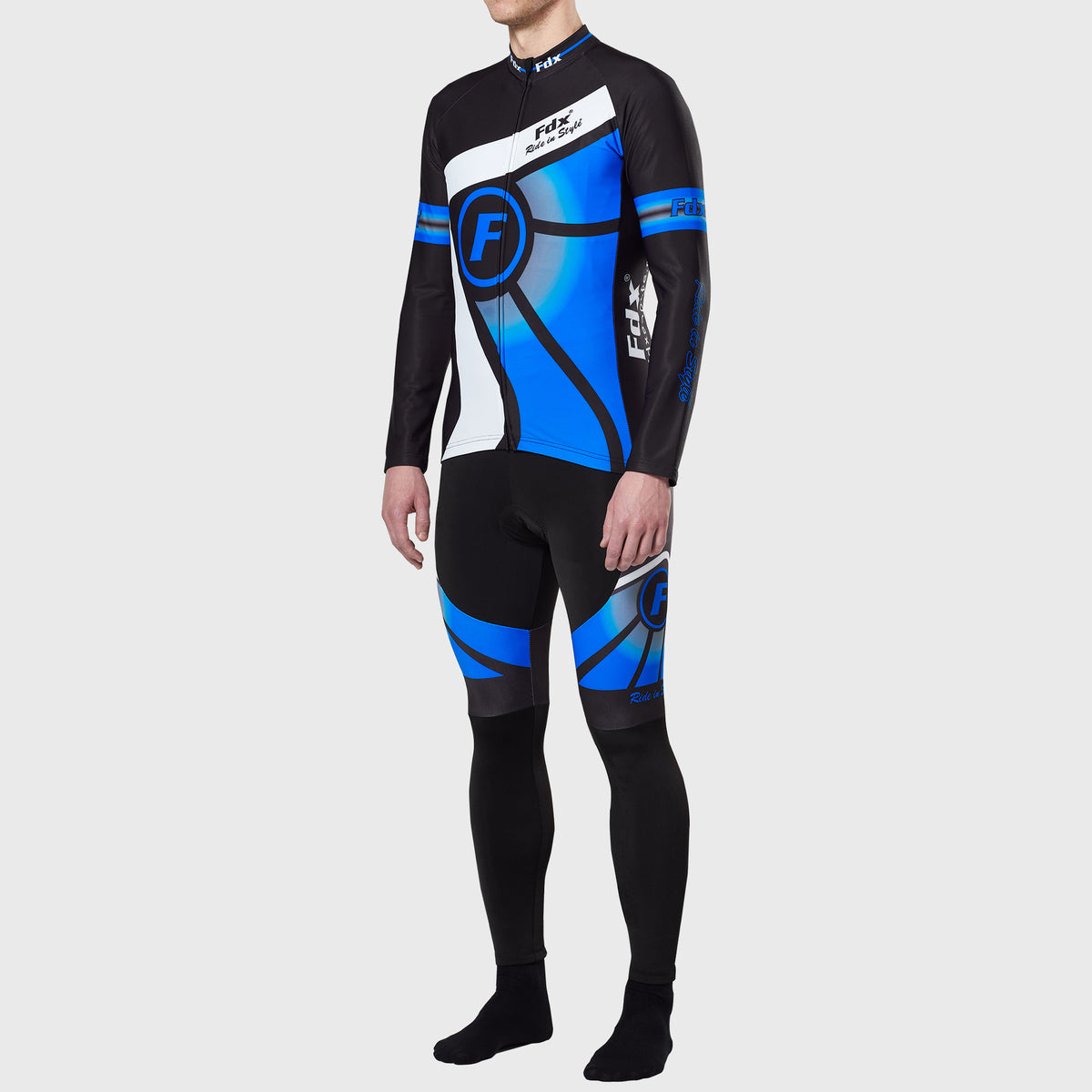 Fdx Men's Black & Blue Long Sleeve Cycling Jersey & Gel Padded Bib Tights Pants for Winter Roubaix Thermal Fleece Road Bike Wear Windproof, Hi-viz Reflectors & Pockets - Signature
