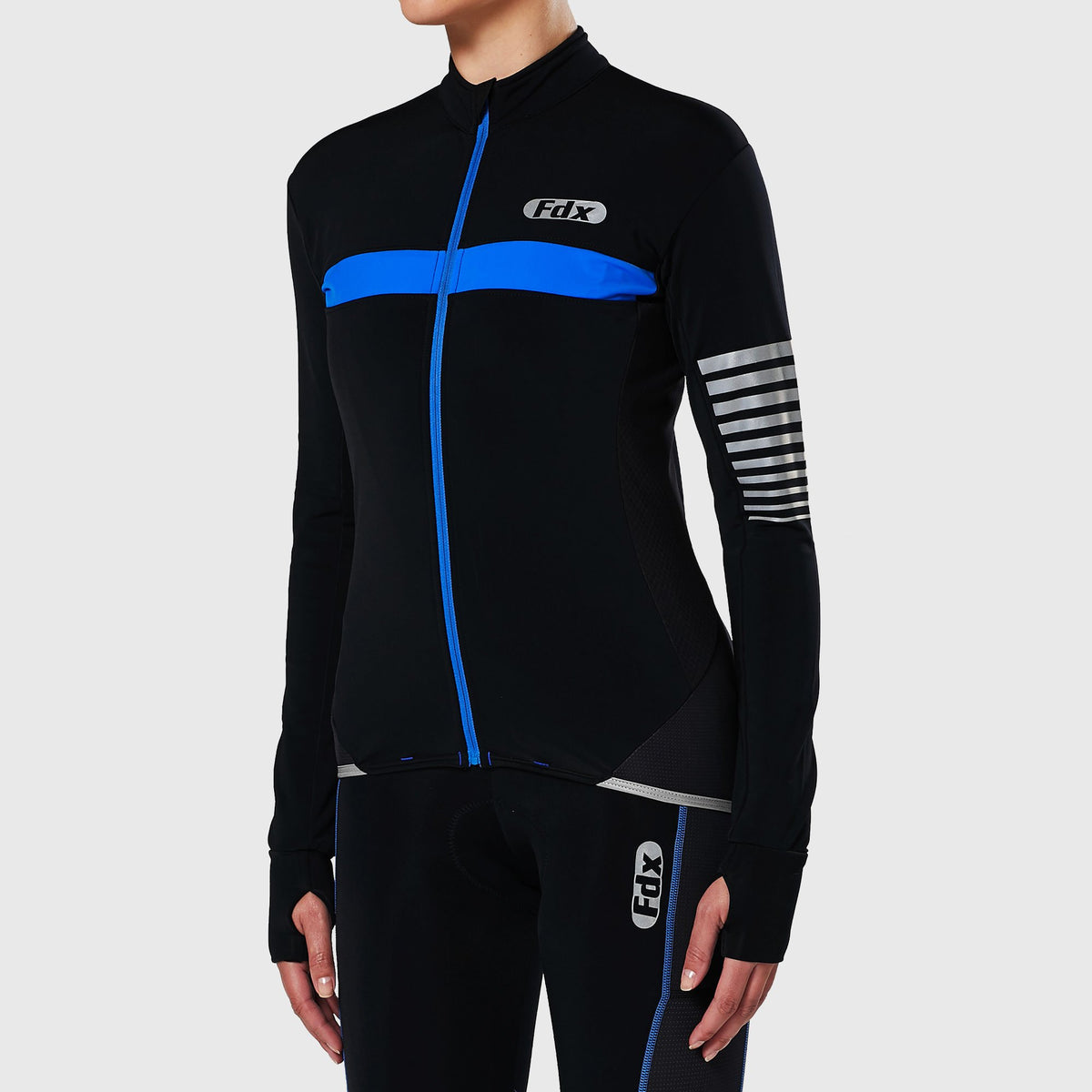 FDX Black & Blue Women's Winter Cycling Suit, Windproof Thermal Roubaix fleece Jersey, Lightweight Clothing Set, Long Sleeve top with 3D Padded Mesh Bib Tights mesh