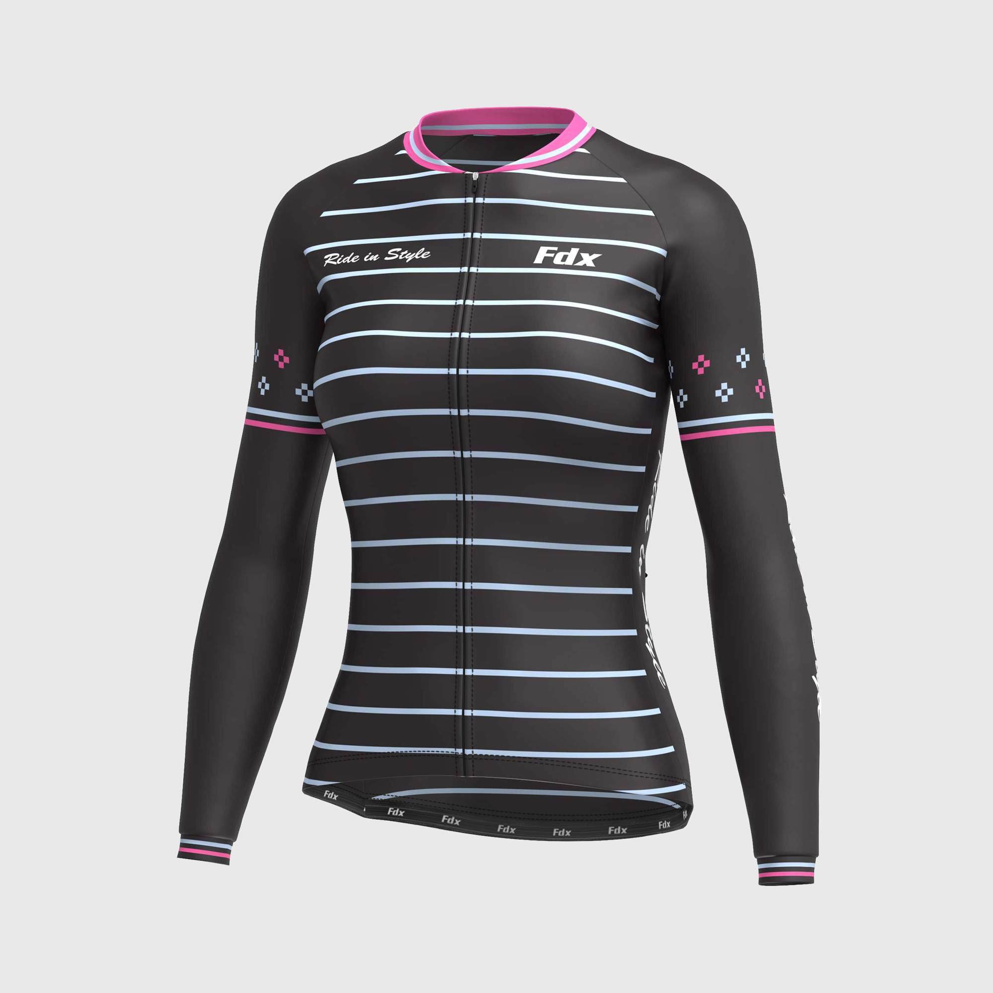 Fdx Women's Black & Pink Long Sleeve Cycling Jersey & Gel Padded Bib Tights Pants for Winter Roubaix Thermal Fleece Road Bike Wear Windproof, Hi-viz Reflectors & Pockets - Ripple