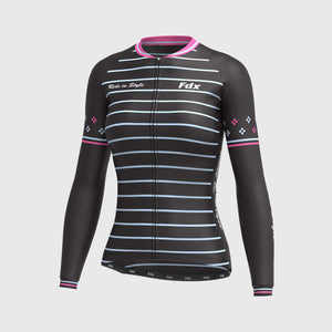 Fdx Women's Black & Pink Elastic Gripper Navy Blue Long Sleeve Cycling Jersey for Winter Roubaix Thermal Fleece Road Bike Wear Windproof, Hi viz Reflectors & Pockets - Ripple