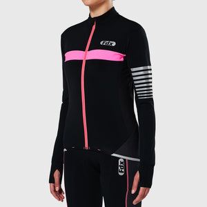 FDX Black & Pink Women's Winter Cycling Suit, Windproof Thermal Roubaix fleece Jersey, Lightweight Clothing Set, Long Sleeve top with 3D Padded Mesh Bib Tights mesh