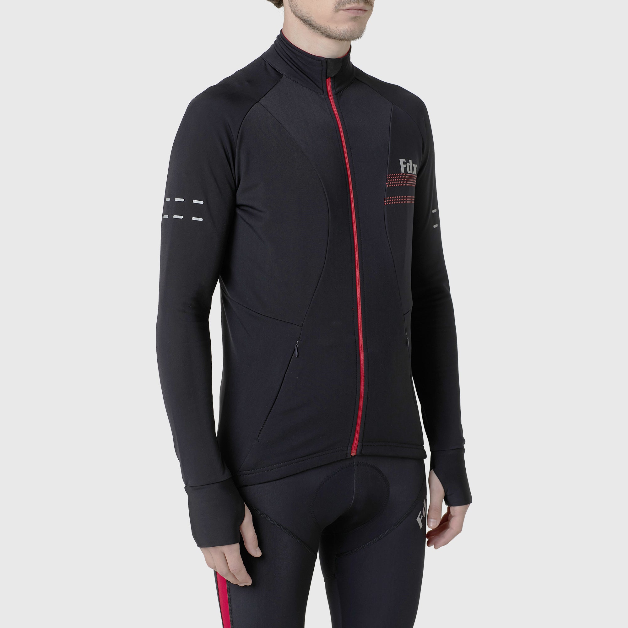 Fdx Red Warm Cycling Jersey for MensBlack for Winter Roubaix Thermal Fleece Road Bike Wear Top Full Zipper, Pockets & Hi-viz Reflectors - Arch