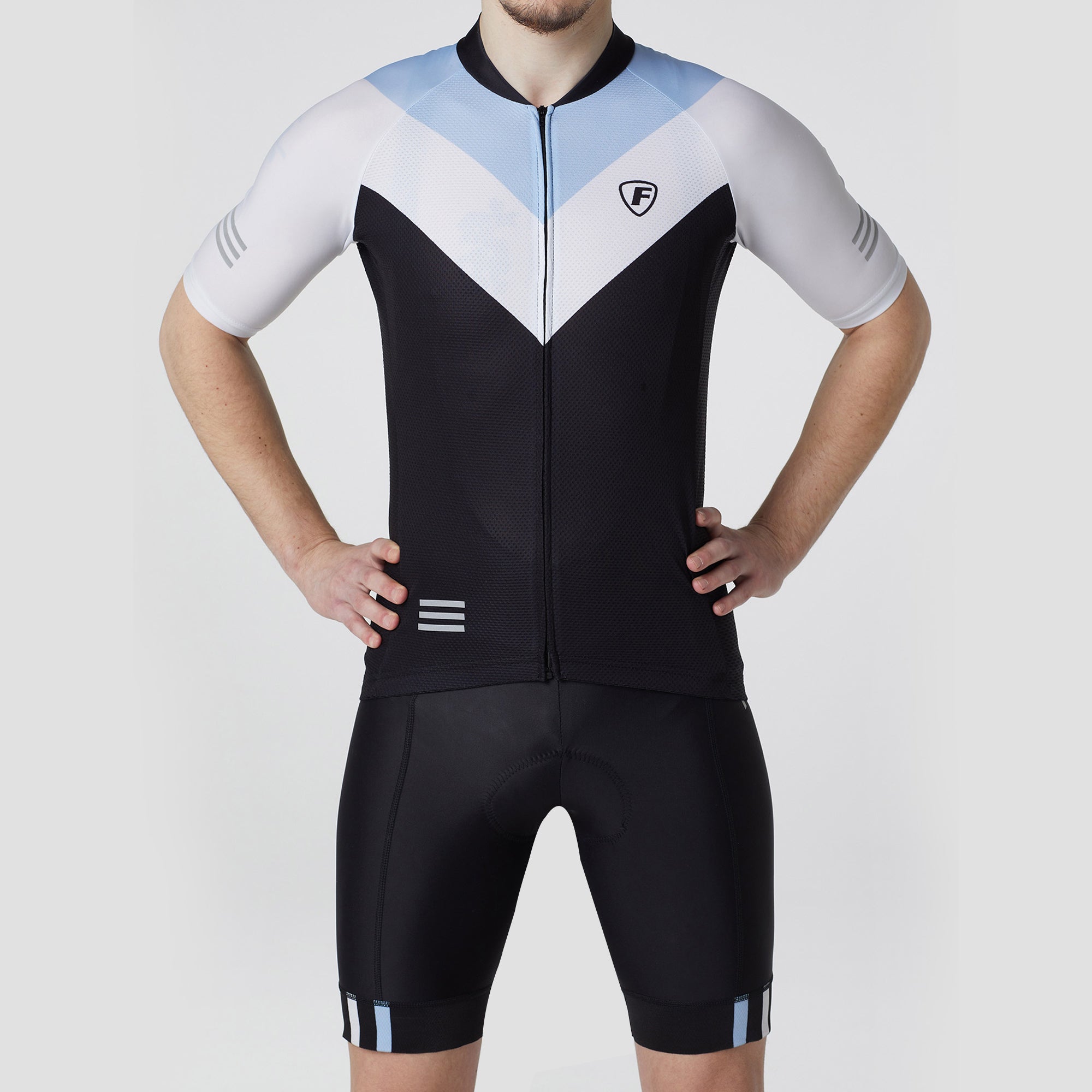Fdx Mens Blue & Black Short Sleeve Cycling Jersey & Gel Padded Bib Shorts Best Summer Road Bike Wear Light Weight, Hi-viz Reflectors & Pockets - Velos