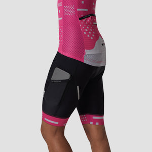 Fdx Womens Pink Short Sleeve Cycling Jersey Side mesh panel & Black Gel Padded Bib Shorts Summer Road Bike Wear Light Weight, Hi viz Reflectors & Pockets - All Day