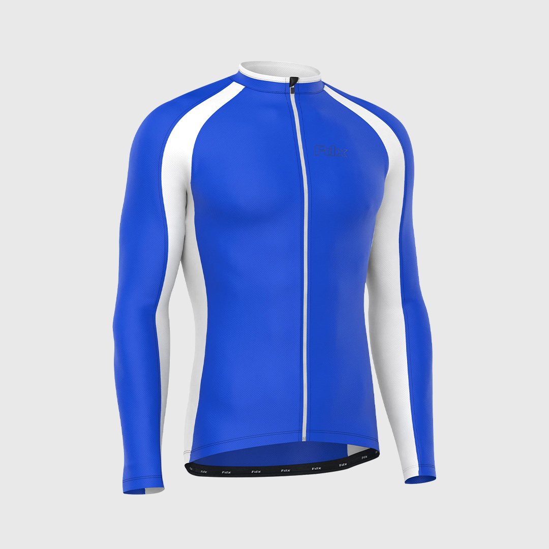 Fdx Mens Blue & White Long Sleeve Cycling Jersey for Winter Roubaix Thermal Fleece Road Bike Wear Top Full Zipper, Pockets & Hi-viz Reflectors - Transition