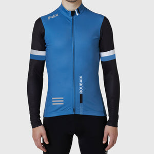 Fdx Mens Blue & Black Long Sleeve Cycling Jersey for Winter Roubaix Thermal Fleece Road Bike Wear Top Full Zipper, Pockets & Hi-viz Reflectors - Limited Edition