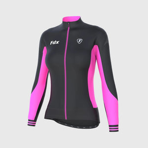 Fdx Women's Pink & Black Full Sleeve Cycling Jersey & Gel Padded Bib Pants for Winter Bike Wear Windproof, Hi-viz Reflectors & Pockets - Thermodream