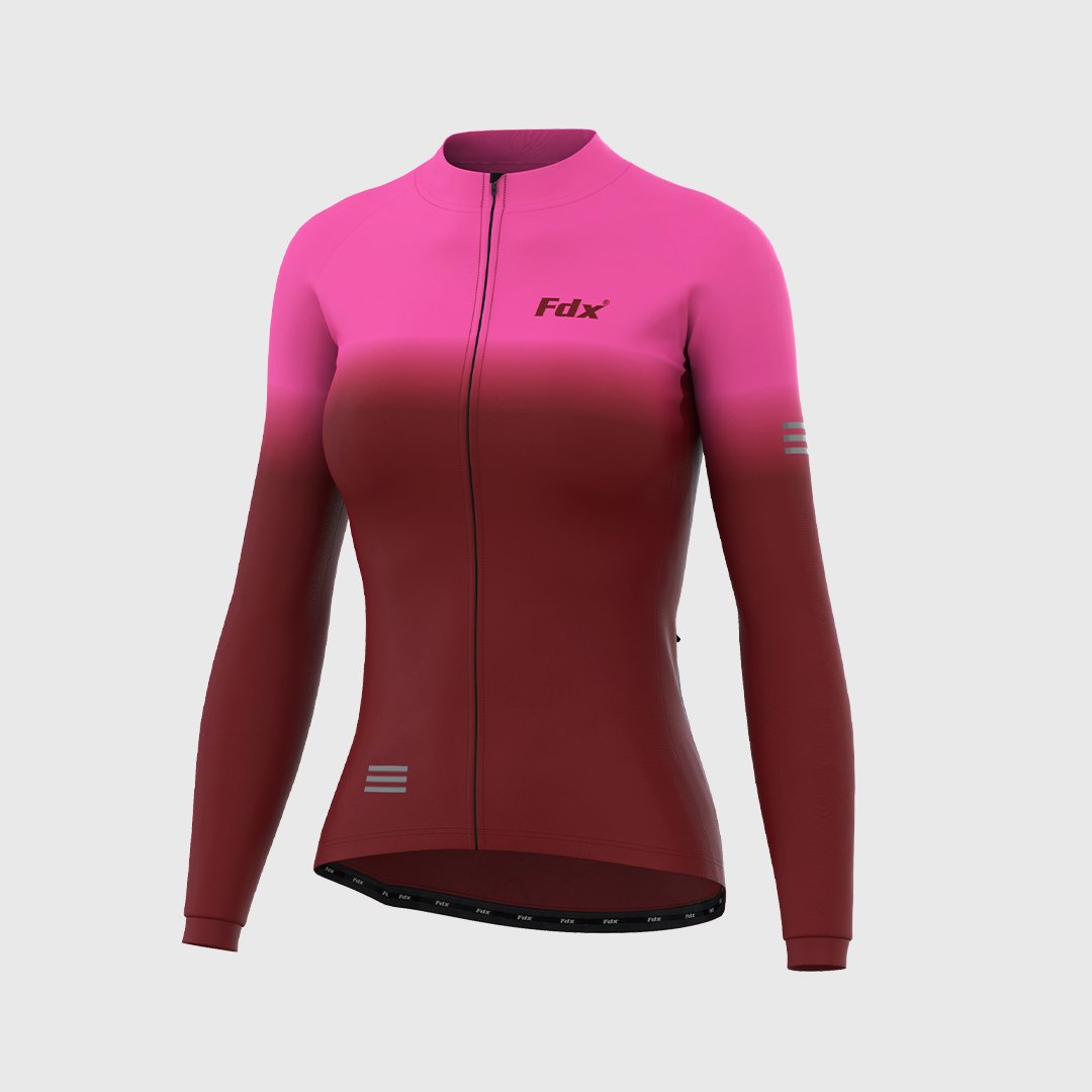 Fdx Women's Pink & Maroon Long Sleeve Cycling Jersey & Gel Padded Bib Tights Pants for Winter Roubaix Thermal Fleece Road Bike Wear Windproof, Hi-viz Reflectors & Pockets - Duo