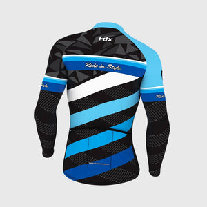 Fdx Mens Thermal Blue & Black Long Sleeve Cycling Jersey for Winter Roubaix Warm Fleece Road Bike Wear Top Full Zipper, Pockets & Hi-viz Reflectors - Equin