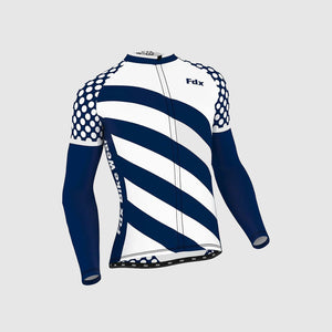 Fdx Men's White & Blue Long Sleeve Cycling Jersey & Gel Padded Bib Tights Pants for Winter Roubaix Thermal Fleece Road Bike Wear Windproof, Hi-viz Reflectors & Pockets - Equin