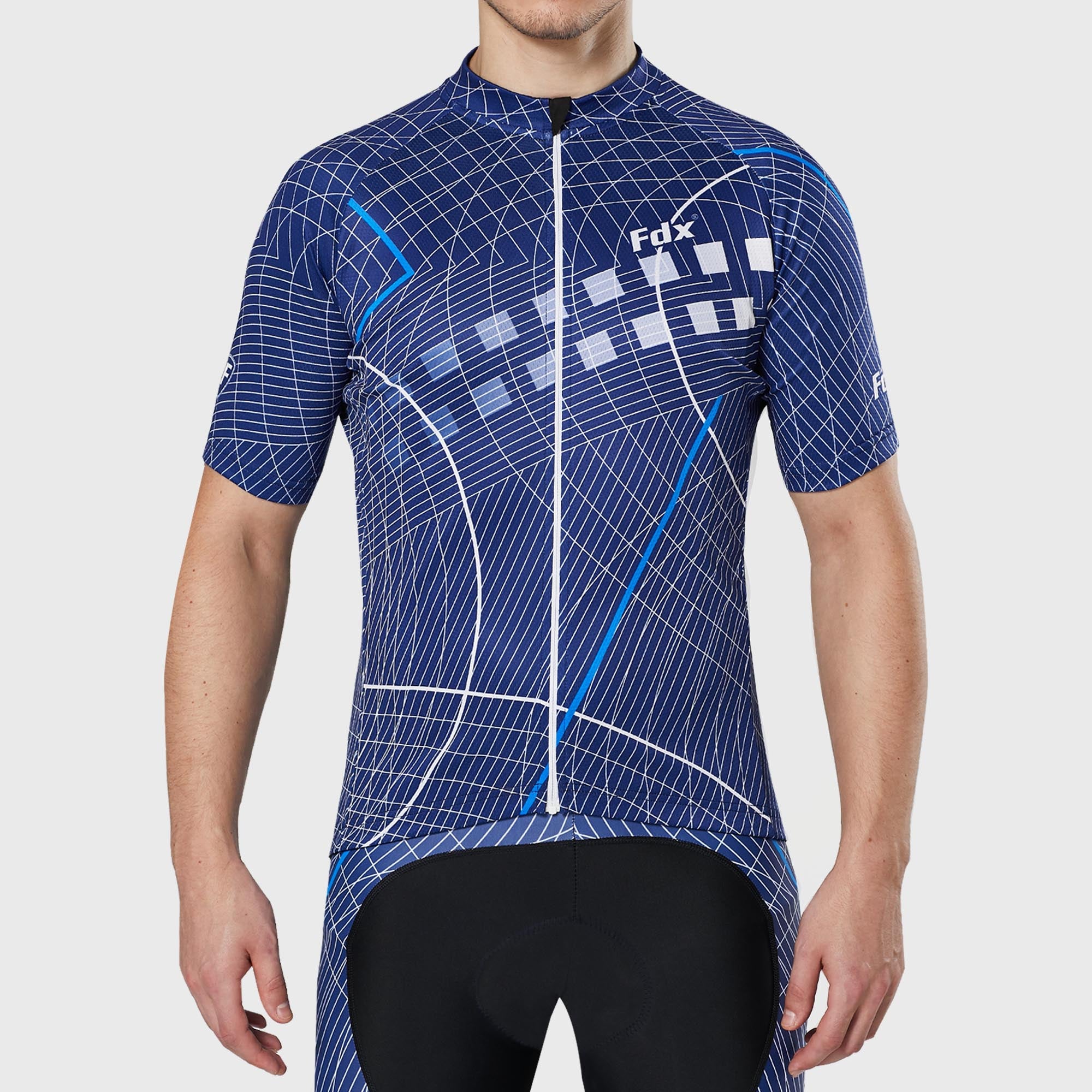 Fdx Mens Blue Short Sleeve Cycling Jersey for Summer Best Road Bike Wear Top Light Weight, Full Zipper, Pockets & Hi-viz Reflectors - Classic II