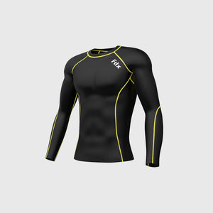 Fdx Mens Black & Yellow Long Sleeve Compression Top & Compression Tights Base Layer Gym Training Jogging Yoga Fitness Body Wear - Blitz