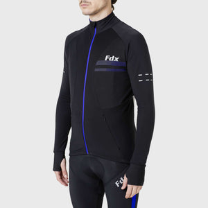 Fdx Mens Blue Full Sleeve Cycling Jersey for Winter Roubaix Thermal Fleece Road Bike Wear Top Full Zipper, Pockets & Hi-viz Reflectors - Arch