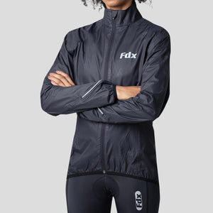 FDX Black cycling jacket Women’s waterproof breathable MTB rain top, quick dry packable lightweight reflective rain jacket for riding running training