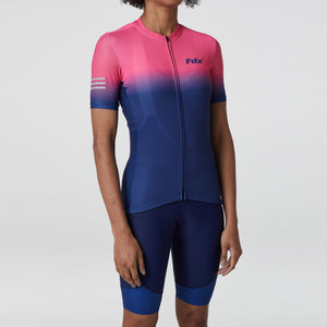 Fdx Pink & Blue Women's Short Sleeve Cycling Jersey Mesh sleeve & Gel Padded Bib Shorts Best Summer Road Bike Wear Light Weight, Hi viz Reflectors & Pockets - Duo