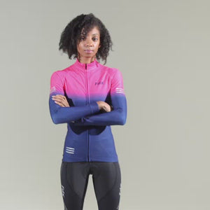 Fdx Women's & Girl's Set Duo Thermal Super Roubaix Pink / Blue Long Sleeve Cycling Jersey & Bib Tights