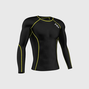 Fdx Mens Black & Yellow Long Sleeve Compression Top & Compression Tights Base Layer Gym Training Jogging Yoga Fitness Body Wear - Thermolinx