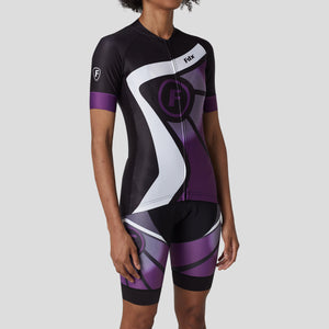 Fdx Black & Purple Best Short Sleeve Women's Cycling Jersey & Gel Padded Bib Shorts Summer Road Bike Wear Light Weight, Hi viz Reflectors & Pockets - Uk