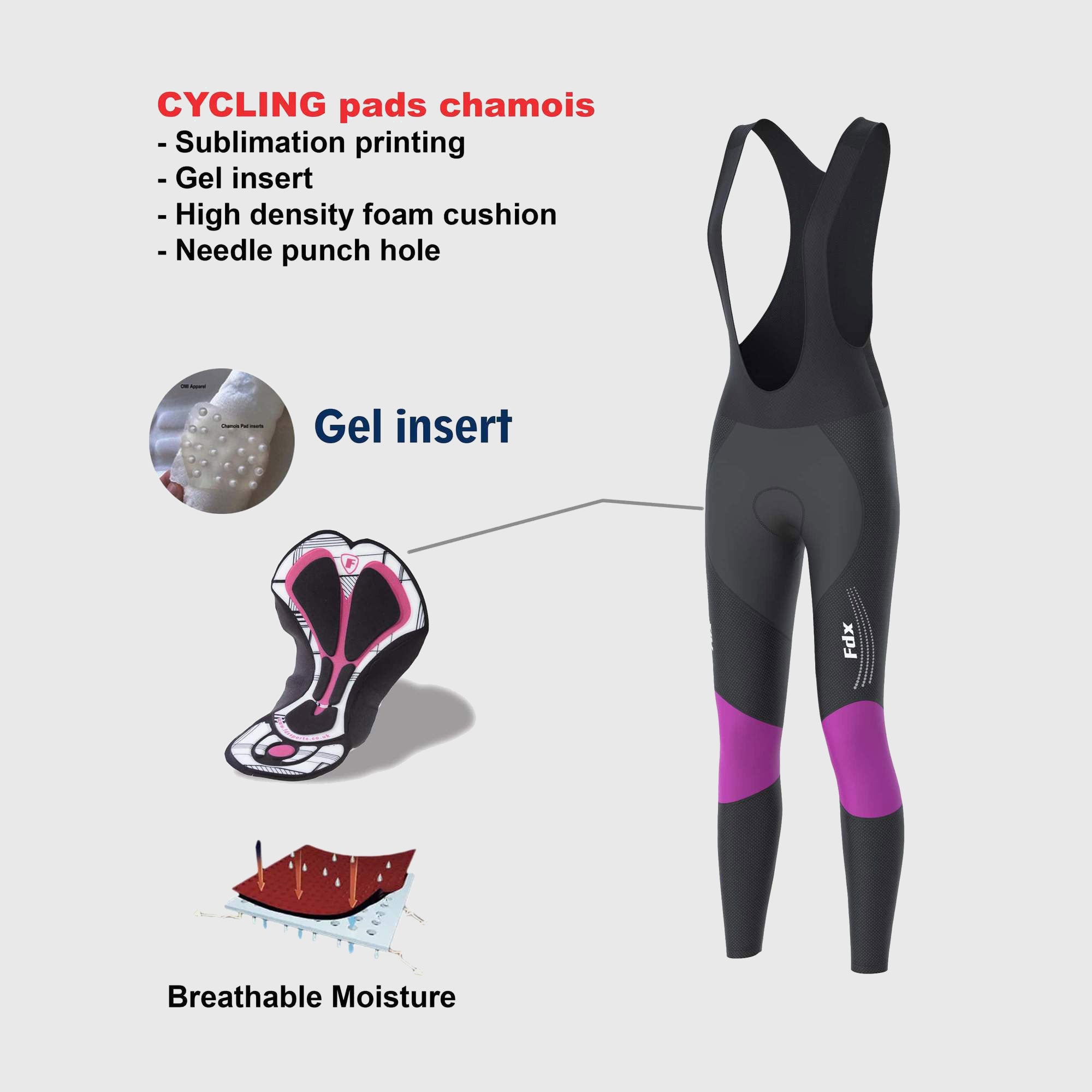 Fdx Womens Black & Purple Gel Padded Cycling Bib Tights For Winter Roubaix Thermal Fleece Hi Viz Reflectors Warm Leggings - Thermodream Bike Pants
