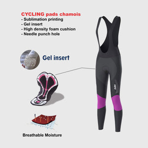 Fdx Womens Black & Purple Gel Padded Cycling Bib Tights For Winter Roubaix Thermal Fleece Breathable Reflective Warm Leggings - Thermodream Bike Pants