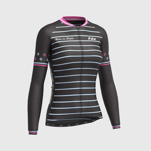 Fdx Women's Black & Pink Long Sleeve Cycling Jersey & Gel Padded Bib Tights Pants for Winter Roubaix Thermal Fleece Road Bike Wear Windproof, Hi-viz Reflectors & Pockets - Ripple
