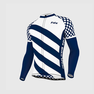 Fdx Men's White & Blue Long Sleeve Cycling Jersey & Gel Padded Bib Tights Pants for Winter Roubaix Thermal Fleece Road Bike Wear Windproof, Hi-viz Reflectors & Pockets - Equin