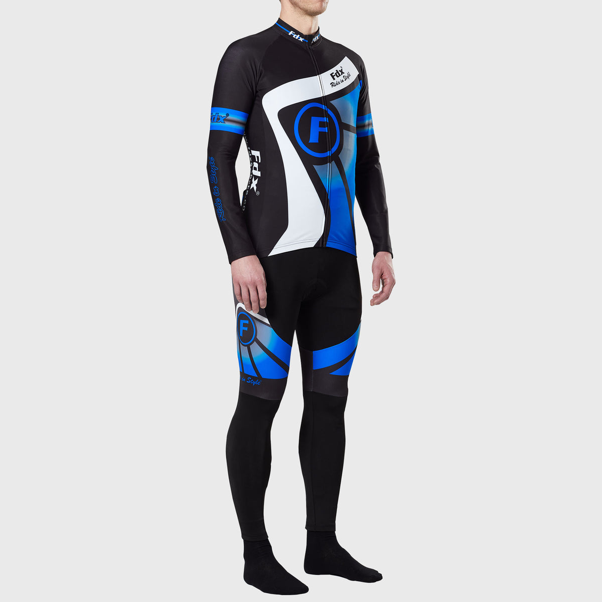 Fdx Men's Black & Blue Long Sleeve Cycling Jersey & Gel Padded Bib Tights Pants for Winter Roubaix Thermal Fleece Road Bike Wear Windproof, Hi-viz Reflectors & Pockets - Signature