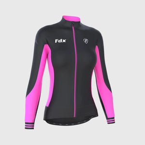 Fdx Women's Black & Pink Long Sleeve Cycling Jersey & Gel Padded Bib Tights for Winter Roubaix Thermal Fleece Road Bike Wear Windproof, Hi-vis Reflectors & Pockets - Thermodream