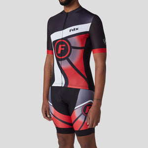 Fdx Black & Red Short Sleeve Cycling Jersey & Gel Padded Bib Shorts Mens Best Summer Road Bike Wear Light Weight, Hi-viz Reflectors & Pockets - Signature