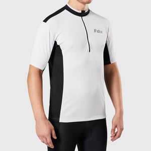 Fdx Short Sleeve Cycling Jersey for Mens White & Black Summer Best Road Bike Wear Top Light Weight, Full Zipper, Pockets & Hi-viz Reflectors - Vertex